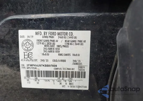 2019 Ford Edge Sel z USA, uszkodzony, nr VIN 2FMPK4J97KBB97808